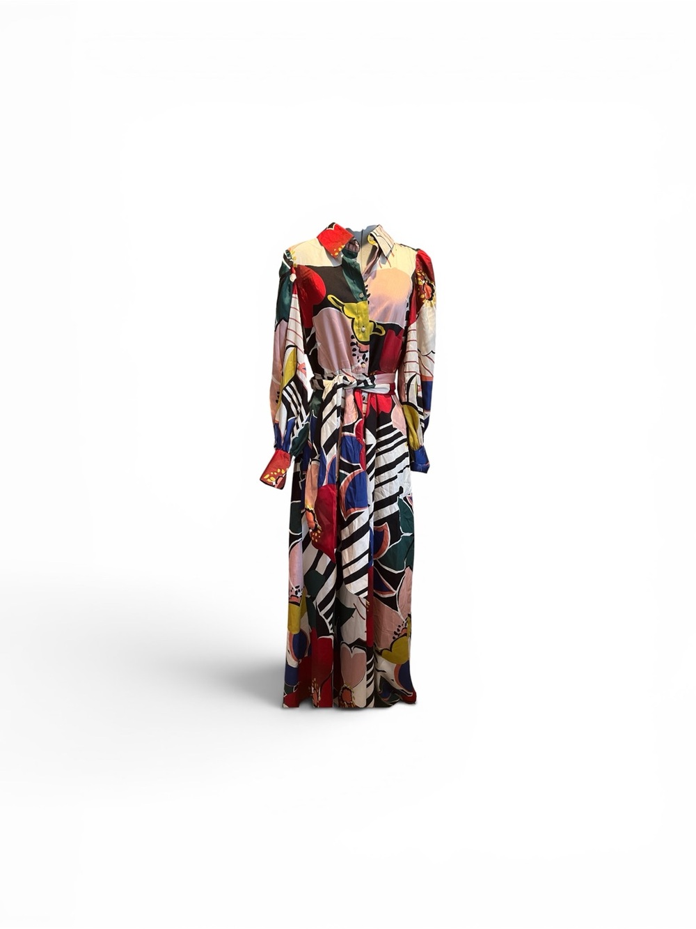 NWT Abstract Floral Multicolor Maxi Shirt Dress with Belt - Picture 1 of 10